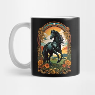 Black Horse Stallion Sunset retro vintage floral design Mug